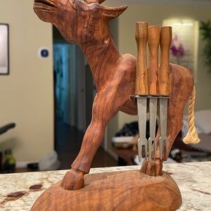 Handcrafted Wooden Bull Knife Holder.